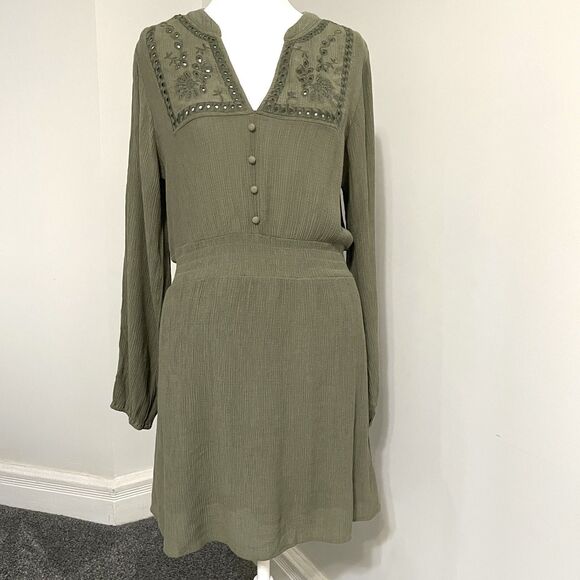 Zara Dress Womens Size Medium Embroidered Lined Khaki Green Long Sleeve Mini - Picture 2 of 11